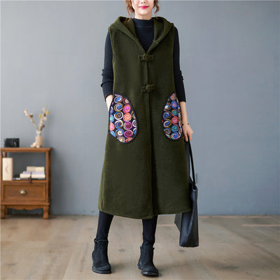 Army Green Warmth Mid-Length Hooded Woolen Vest Sleeveless Jacket