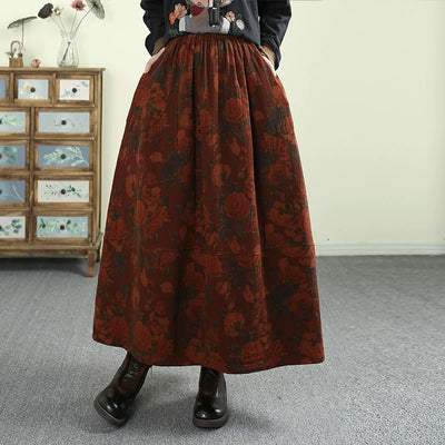 Women Spring Retro Cotton Linen Floral Printed A-Line Skirt