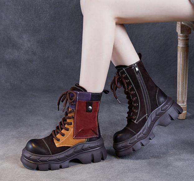 Women Ethnic Style Color Block Retro Leather Boots