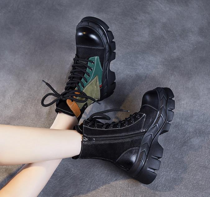 Women Ethnic Style Color Block Retro Leather Boots