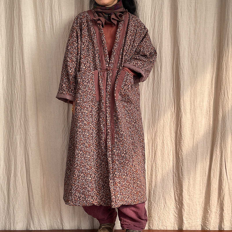 Women Retro Loose Floral Printed Mid-Length Cotton Linen Coat