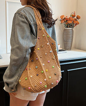 Handwoven Colorful Beaded Hollow-Out Large-Capacity Tote Bag