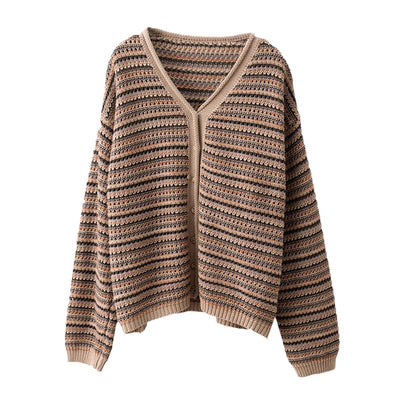 Women Autumn Button- Up Jacquard Striped Knitted Cardigans