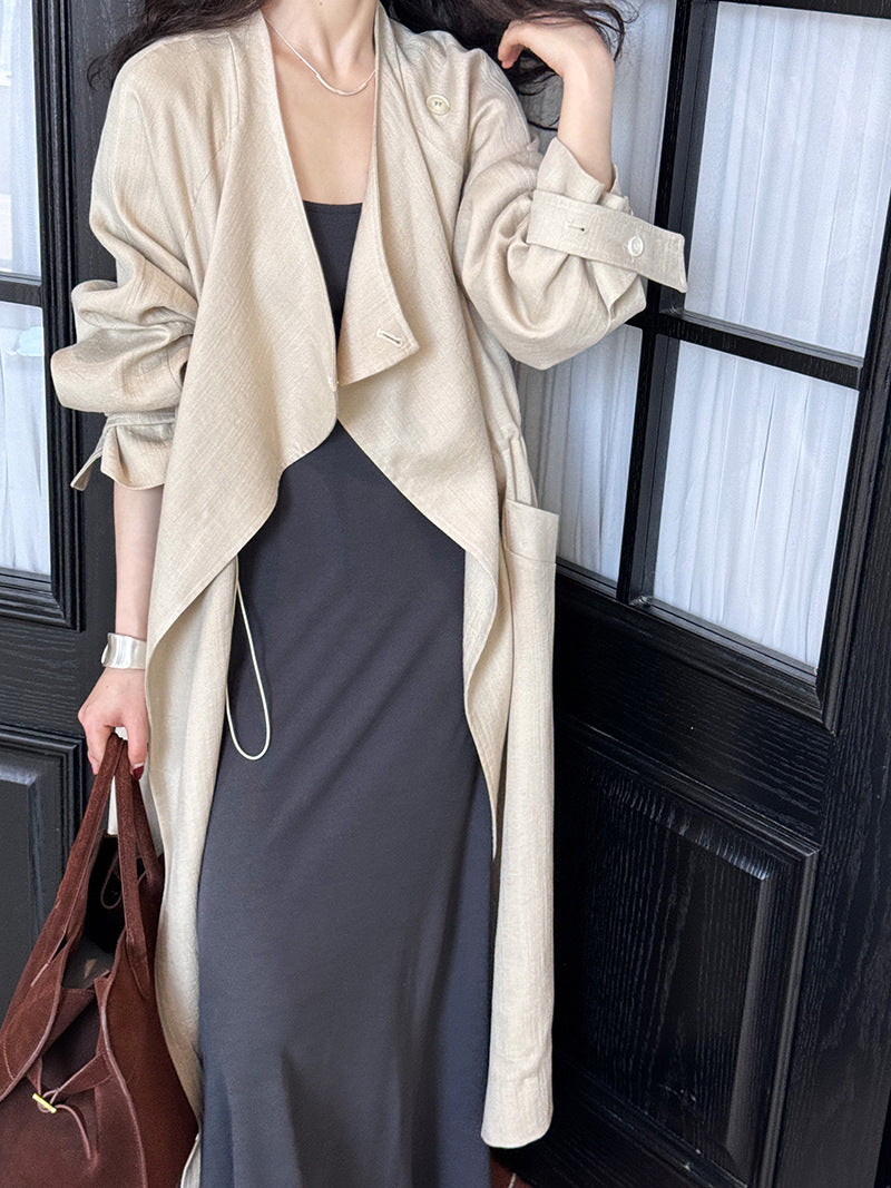 Women Elegant Drawstring Linen Trench Coat