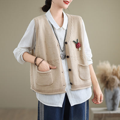 Autumn V-neck Pockets Cotton Knitted Vests