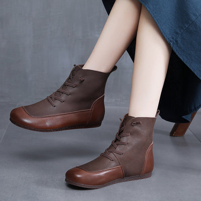 Women Autumn Winter Retro Color Block Lace Up Boots