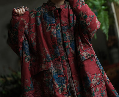 Women Retro Loose Red Floral Printed Mid- Length Padded Jacket