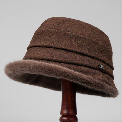 Autumn Winter Vintage Wool-Blend Bucket Hat with Fur Trim