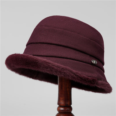 Autumn Winter Vintage Wool-Blend Bucket Hat with Fur Trim