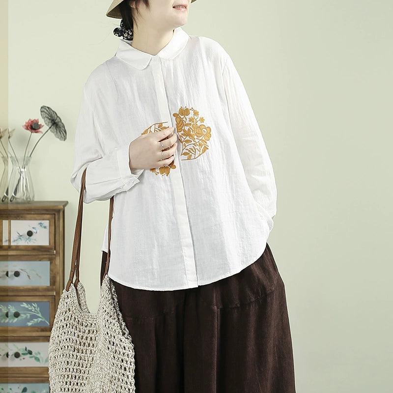 Women Spring Vintage Embroidered Loose Fit Cotton Shirt with Buttons