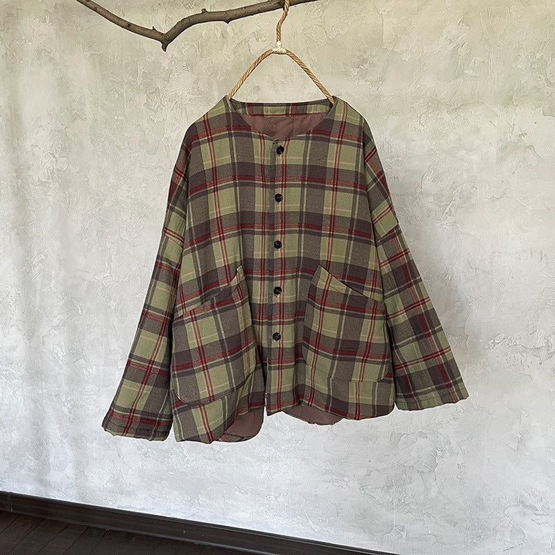 Women Retro Plaid Thickened Padded Short Cotton Jacket