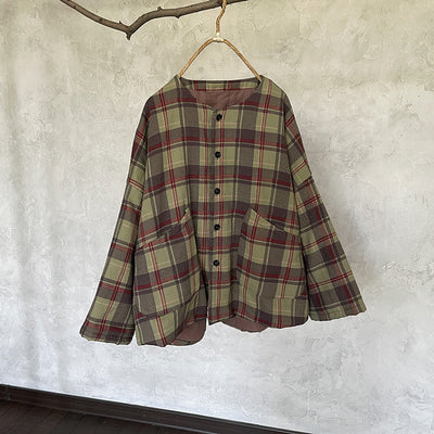 Women Retro Plaid Thickened Padded Short Cotton Jacket