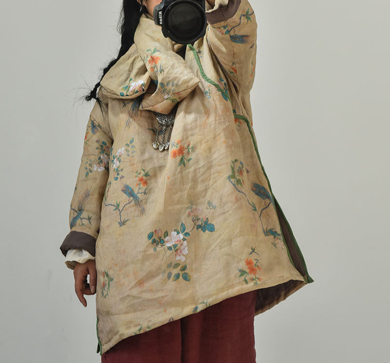 Women Vintage Printed Asymmetric Front Cotton Ramie Coat