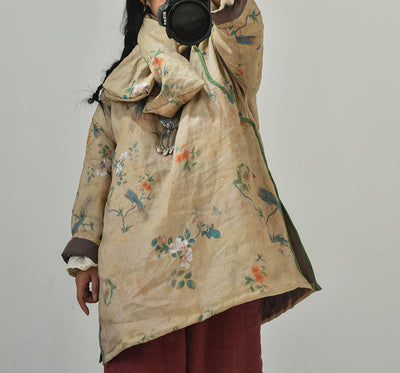 Women Vintage Printed Asymmetric Front Cotton Ramie Coat