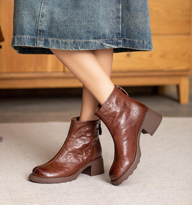 Women Retro Chunky Heel Wrinkled Leather Ankle Boots