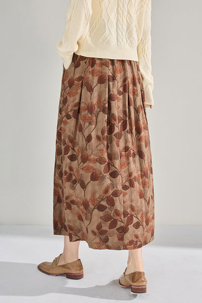 Vintage Elastic Waist Printed A- Line Midi Skirts