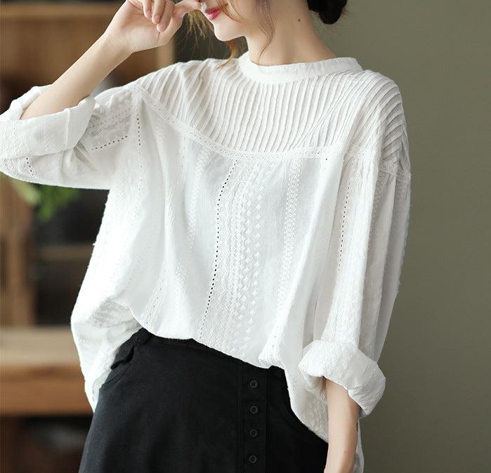 Women Autumn Solid Color Pleated Lace Hollow Pullovers