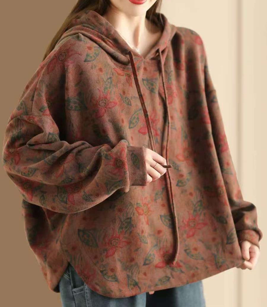 Women Retro Printed Knitted Loose Cotton Hoodies