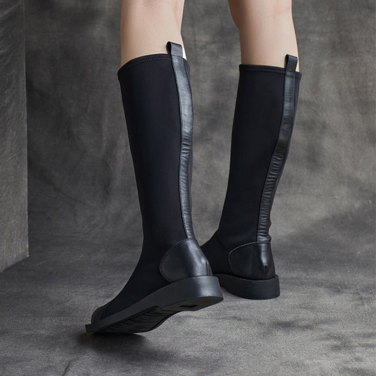 Women Chic Genuine Leather Panels Stretchy Knee-High Boots