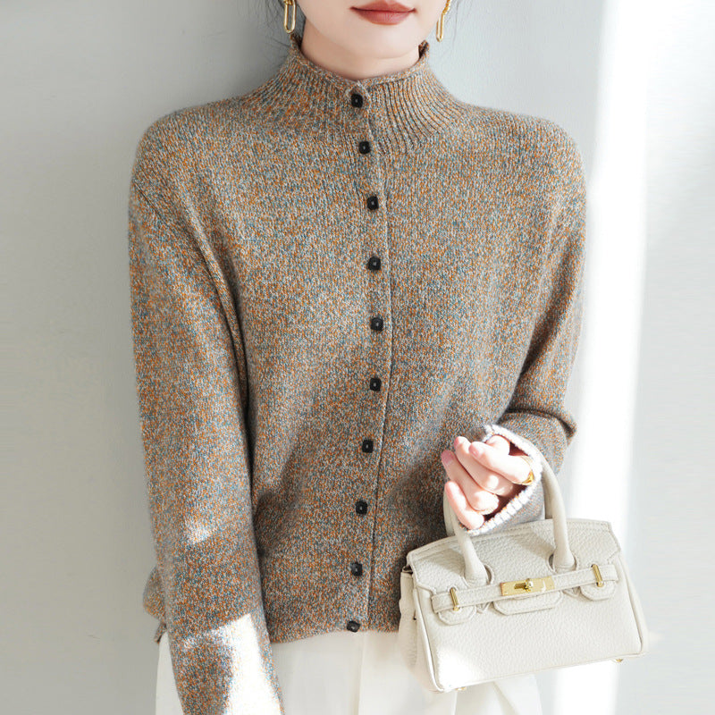 Ladies Elegant Mock Neck Knitted Wool Cardigan