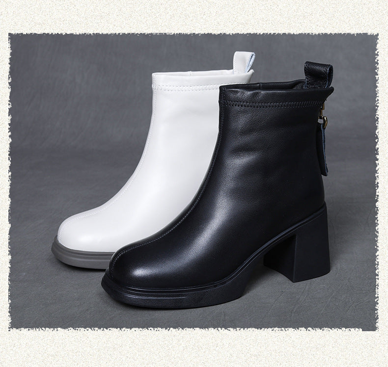 Women Zipper Chunky Heel Fleece Lining Ankle Boots