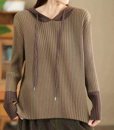 Women Trendy Color Block Ribbed Knit Hoodie Sweater