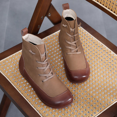 Women Autumn Winter Retro Color Block Lace Up Boots