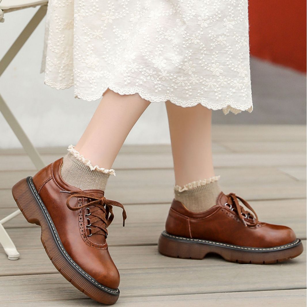 Women Retro Lace- Up Genuine Leather Casual Shoes