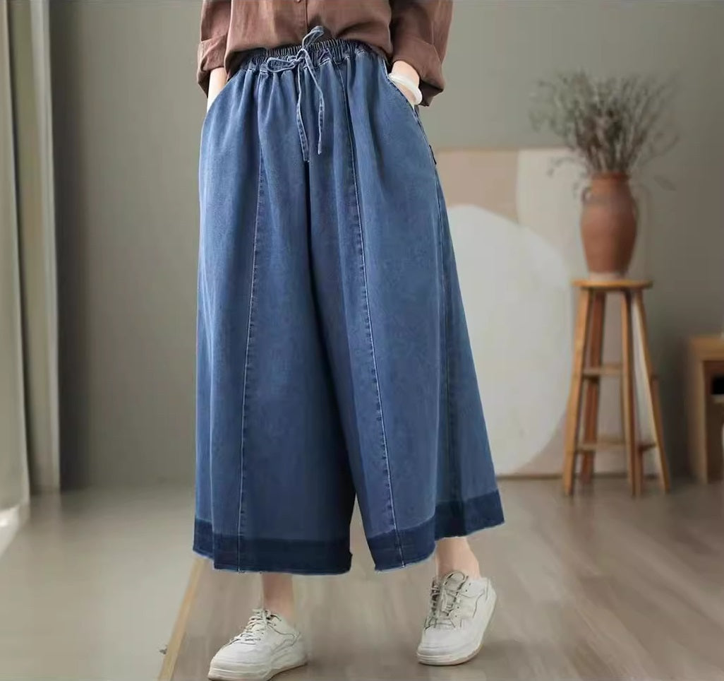 Women Color Block Lace-Up Loose Wide Leg Jeans