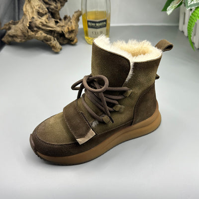 Genuine Leather Wool Lining Thick Sole Warm Lace-Up Snow Boots