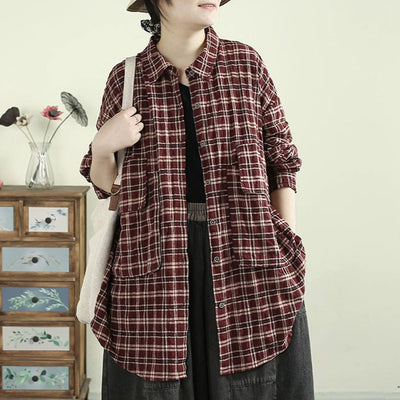 Women Spring Retro Plaid Cotton Blouse with Pockets