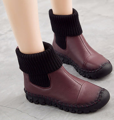 Women Knitted Spliced Genuine Leather Fleece Lining Warm Boots