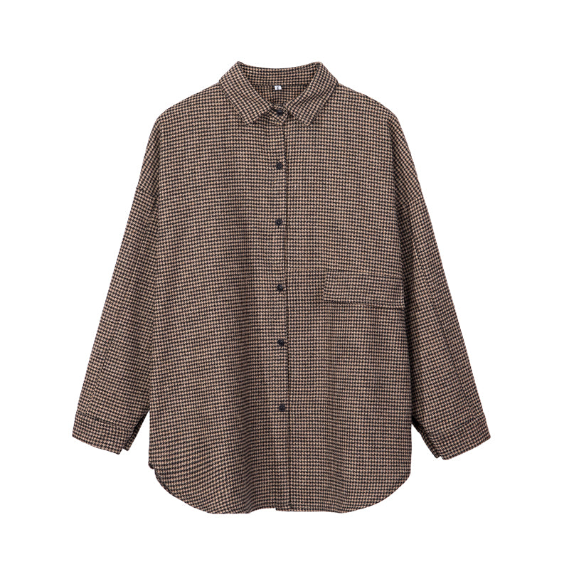 Autumn Loose Houndstooth Woolen Shirt for Women