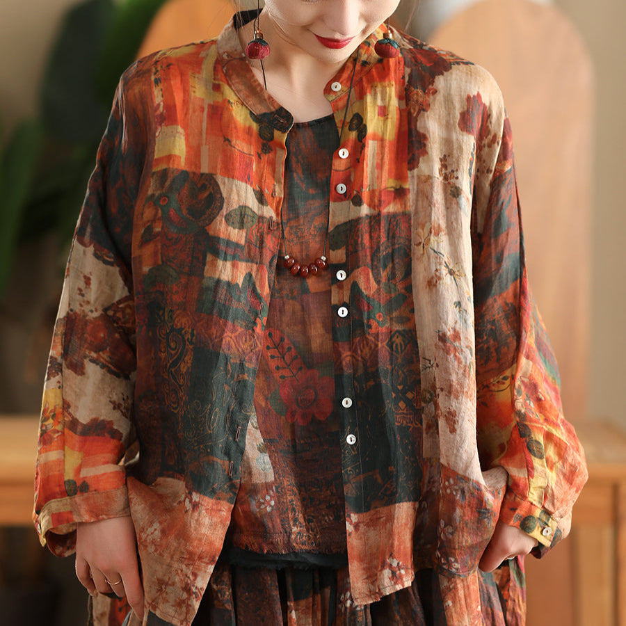 Women Spring Retro Printed Floral Ramie Shirt Blouse