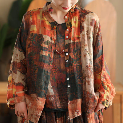 Women Spring Retro Printed Floral Ramie Shirt Blouse