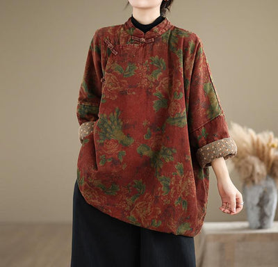 Women Warm Vintage Asymmetric Front Printed Cotton Coat