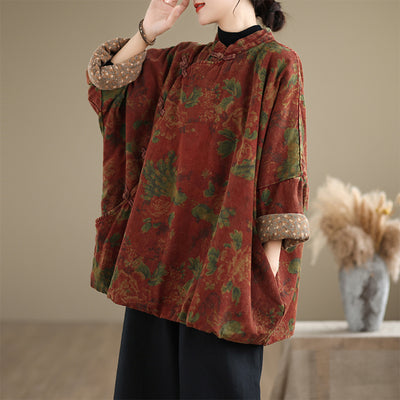 Women Warm Vintage Asymmetric Front Printed Cotton Coat