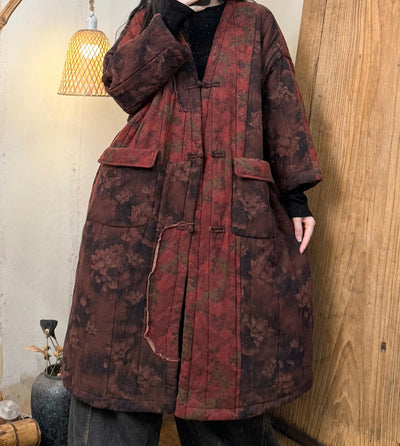 Women Retro Printed Distressed Spliced Mid-Length Warm Coat