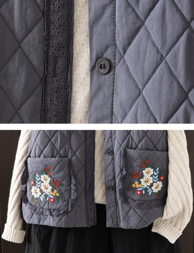 Casual Retro Embroidered Ruffled Quilted Vest for Women