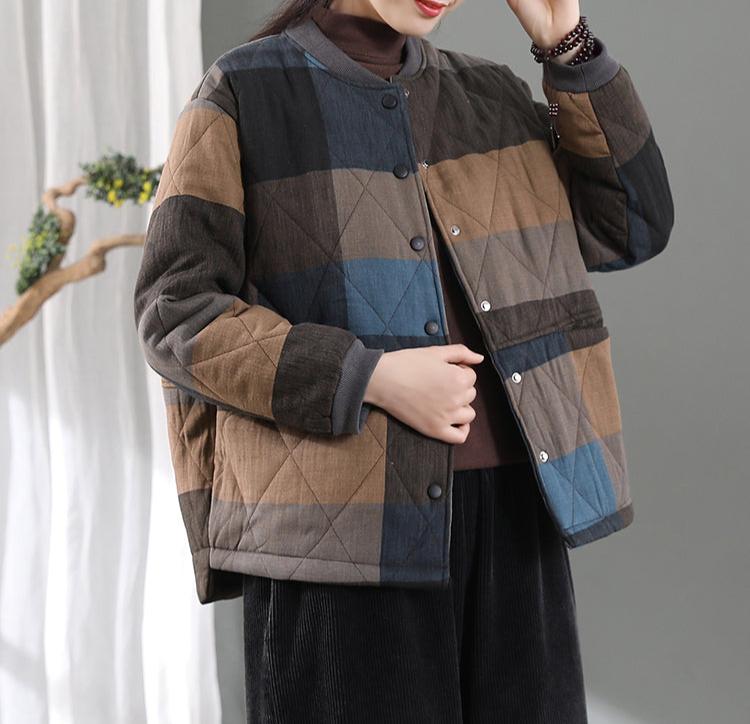 Women Retro Distressed Padded Stand Collar Warm Jacket