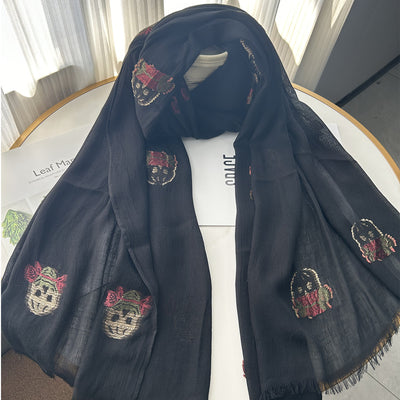 Babakud Cotton Linen Embroidery Black Scarf