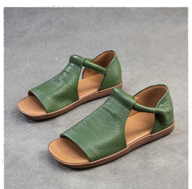 Women Leather Square Toe Flat Sandles