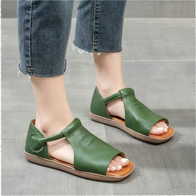 Women Leather Square Toe Flat Sandles