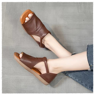 Women Leather Square Toe Flat Sandles