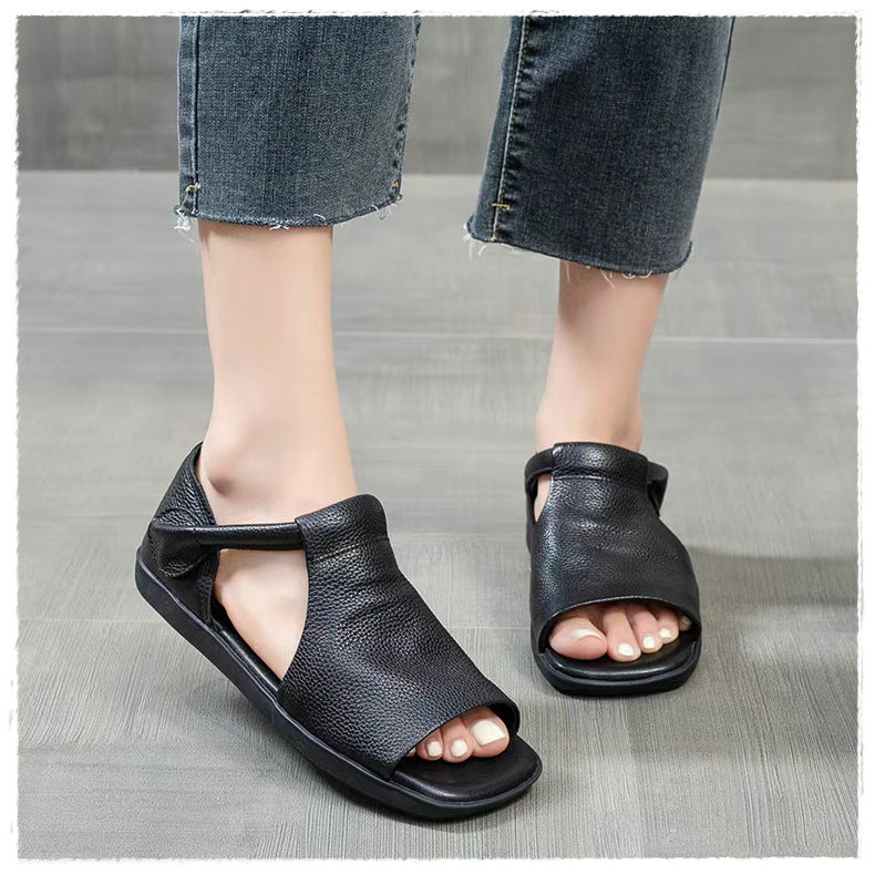 Women Leather Square Toe Flat Sandles