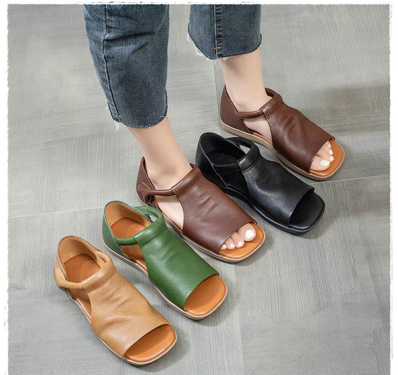 Women Leather Square Toe Flat Sandles