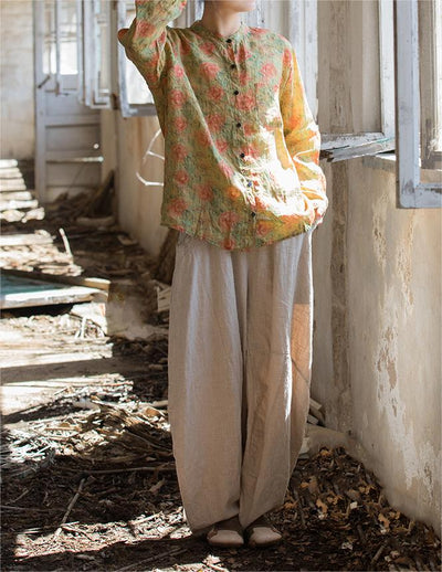 Spring Linen Long Sleeves Retro Floral Printed Shirt