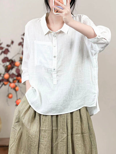 Women Linen Solid Color Retro Shirt