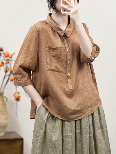 Women Linen Solid Color Retro Shirt