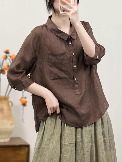 Women Linen Solid Color Retro Shirt